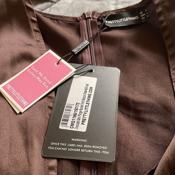 Chocolate satin plunge runched front bodycon dress - Picture 3 of 3